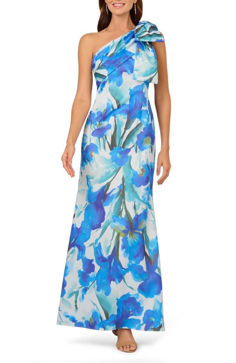 Adrianna Papell Floral One-Shoulder Scuba Crepe Mermaid Gown, Main, color,
