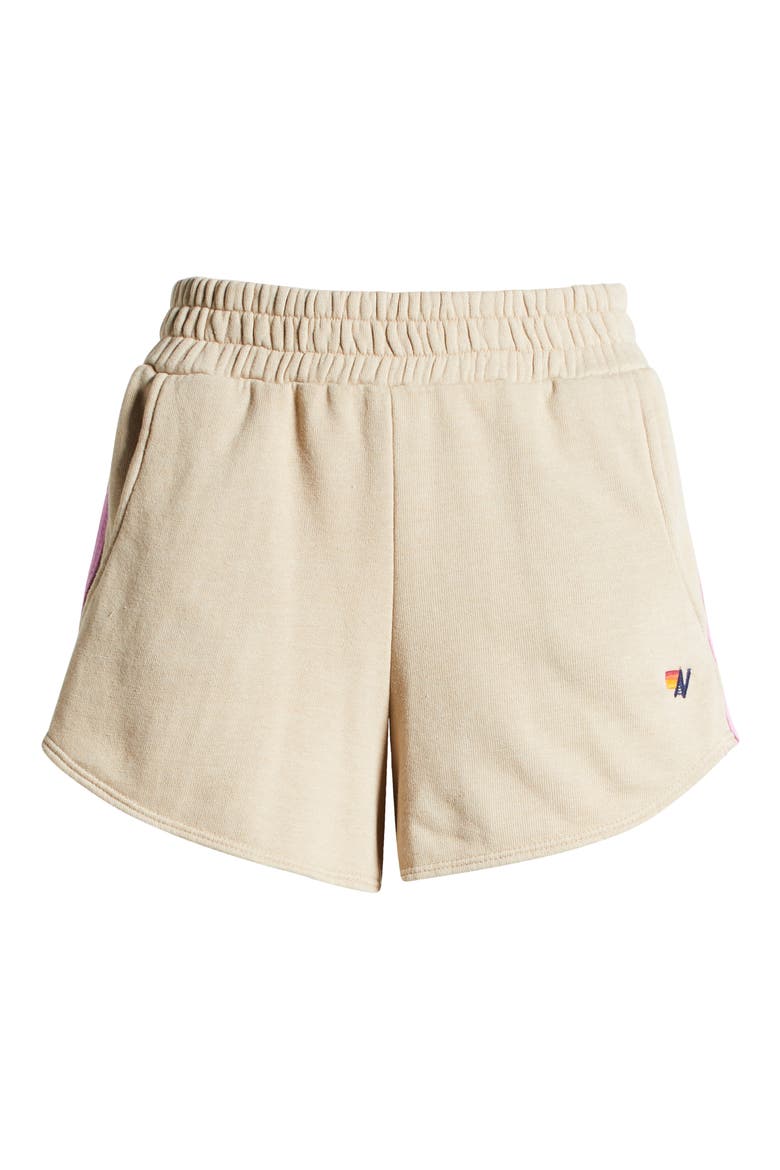 5-Stripe Sweat Shorts, Alternate, color, SAND/ PINK GREEN