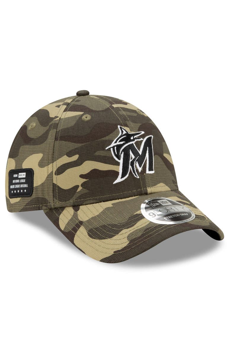 Men's New Era Camo Miami Marlins 2021 Armed Forces Day 9FORTY Adjustable Hat, Main, color, Camo