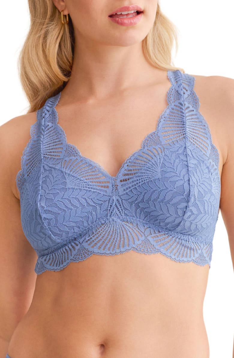 Fleur't Belle Epoque Racerback Lace & Microfiber Bralette, Main, color, Denim