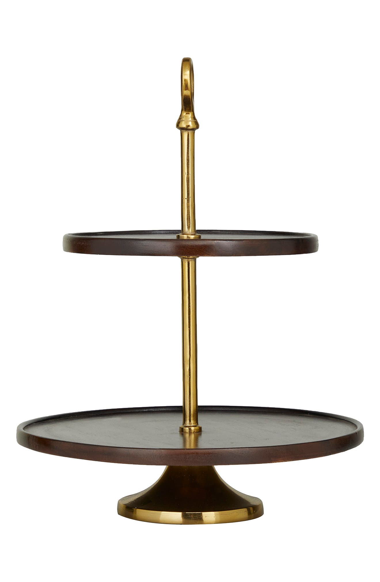 VIVIAN LUNE HOME Dark Brown Mango Wood 2-Level Tiered Server with Goldtone Stand