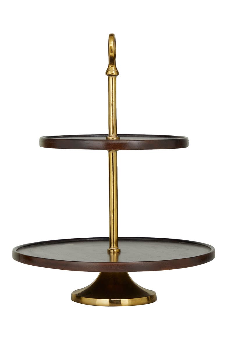 Dark Brown Mango Wood 2-Level Tiered Server with Goldtone Stand, Main, color, BROWN