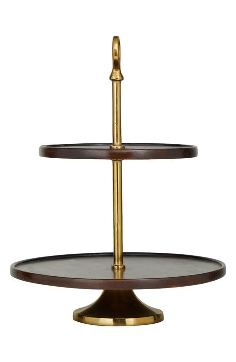 Dark Brown Mango Wood 2-Level Tiered Server with Goldtone Stand