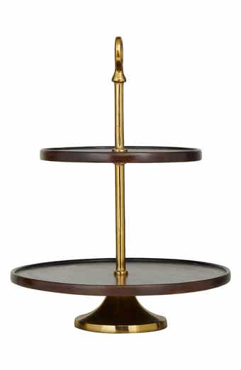 VIVIAN LUNE HOME Dark Brown Mango Wood 2-Level Tiered Server with Goldtone Stand