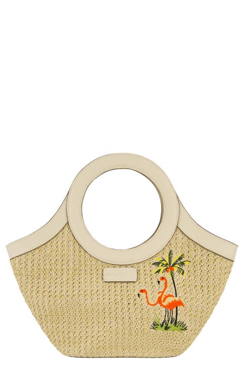 Flamingo Embroidered Woven Tote Bag