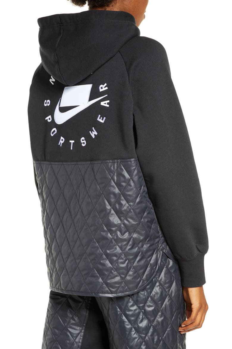 Sportswear Logo Mixed Media Quilted Hoodie, Alternate, color, BLACK/ BLACK/ BLACK/ WHITE