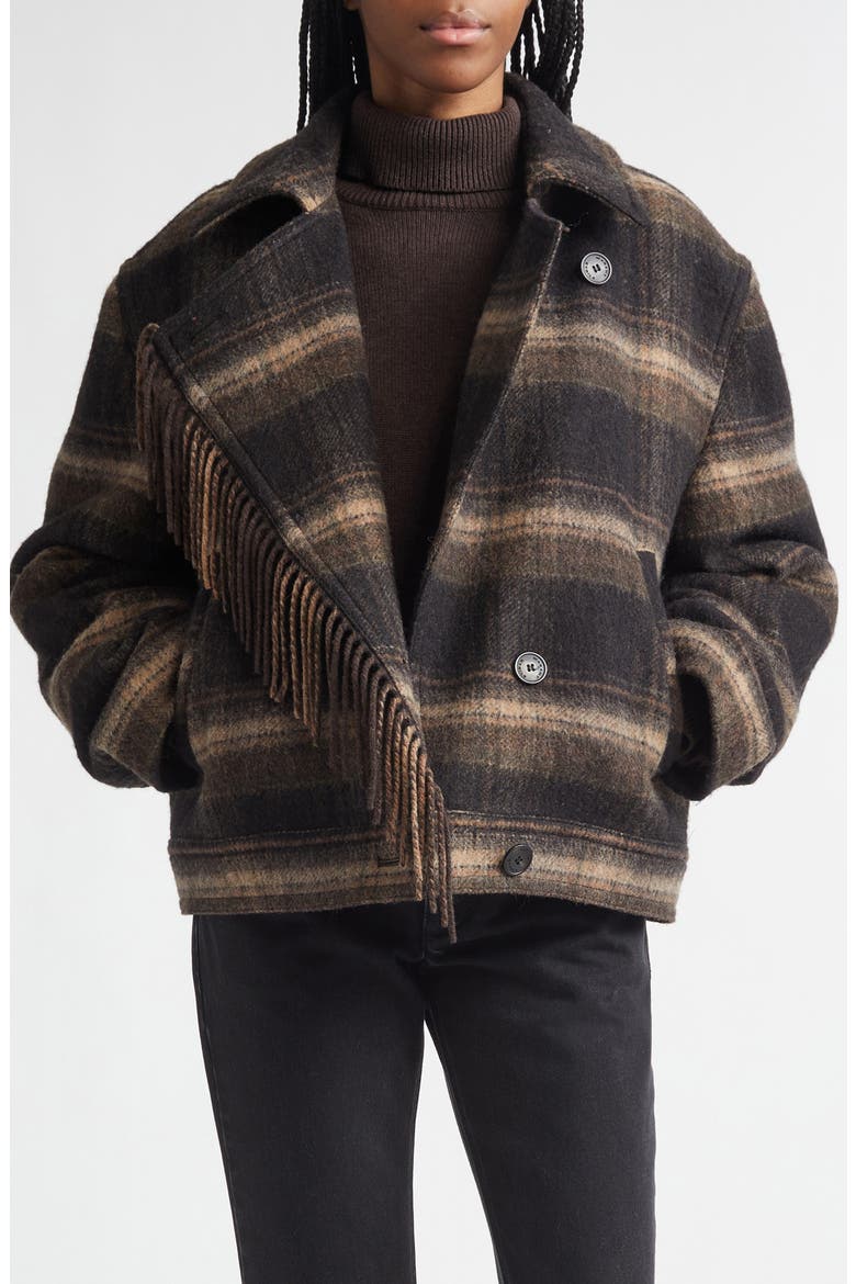 Galeane Fringe Wool Blend Jacket, Main, color, BLACK/ KHAKI