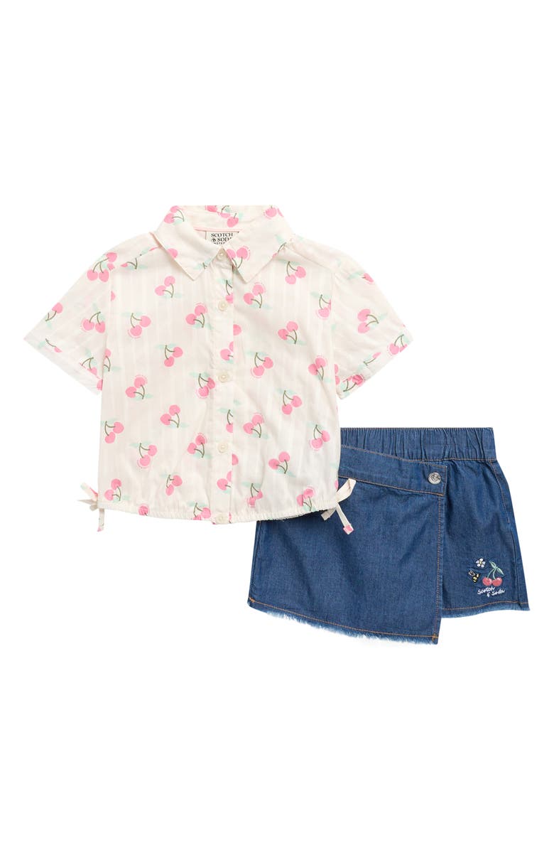 Scotch & Soda Kids' Cherry Stripe Short Sleeve Button-Up Shirt & Denim Skirt Set, Main, color, Eggnog