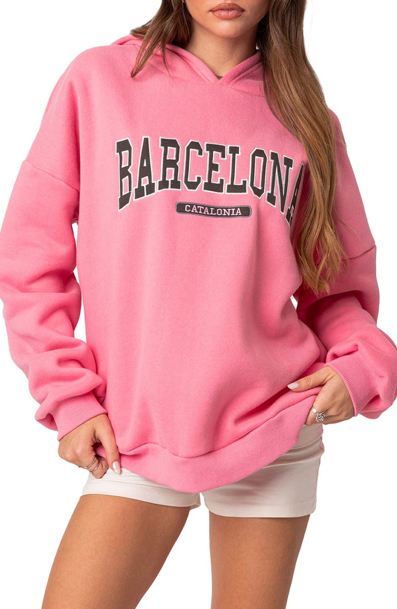 EDIKTED Barcelona Oversize Graphic Hoodie, Main, color, Pink