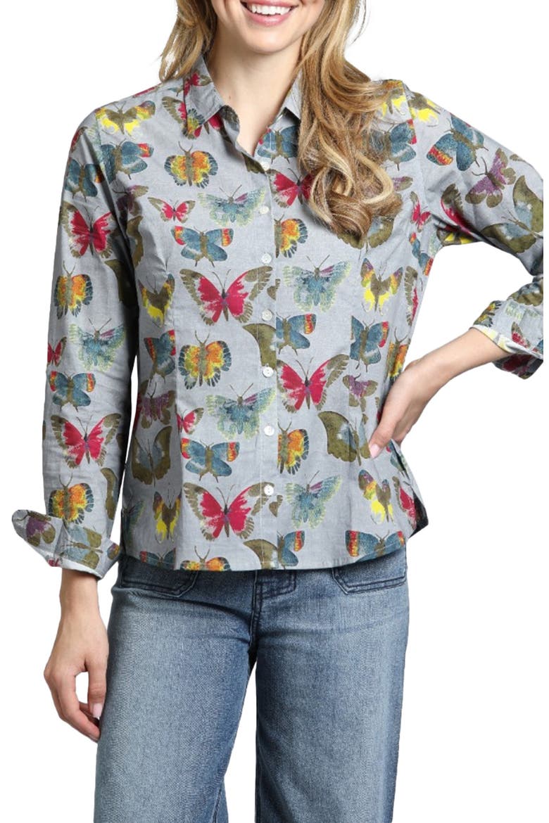 Print Poplin Button-Up Shirt, Main, color, GREY MULTI