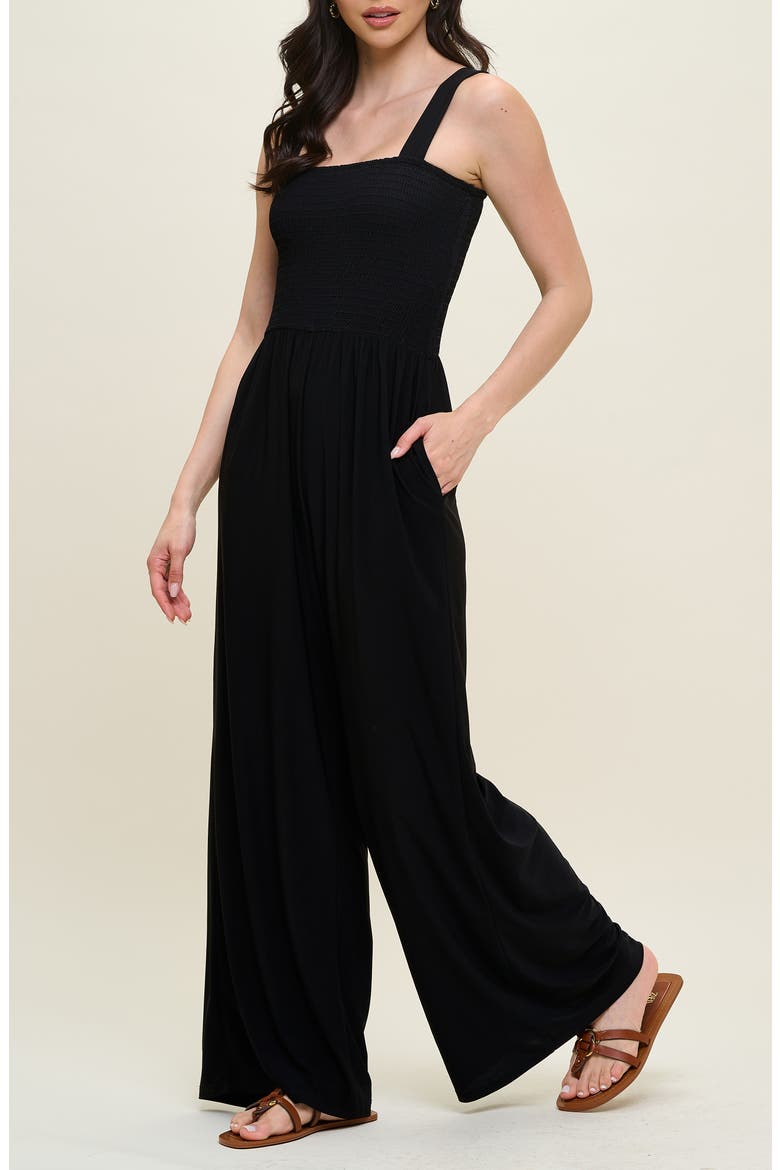 Smocked Knit Sleeveless Jumpsuit, Alternate, color, BLACK
