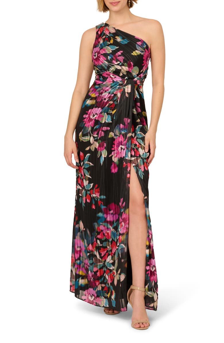 Adrianna Papell Pleated Floral Print One-Shoulder Chiffon Gown, Main, color, Black Multi