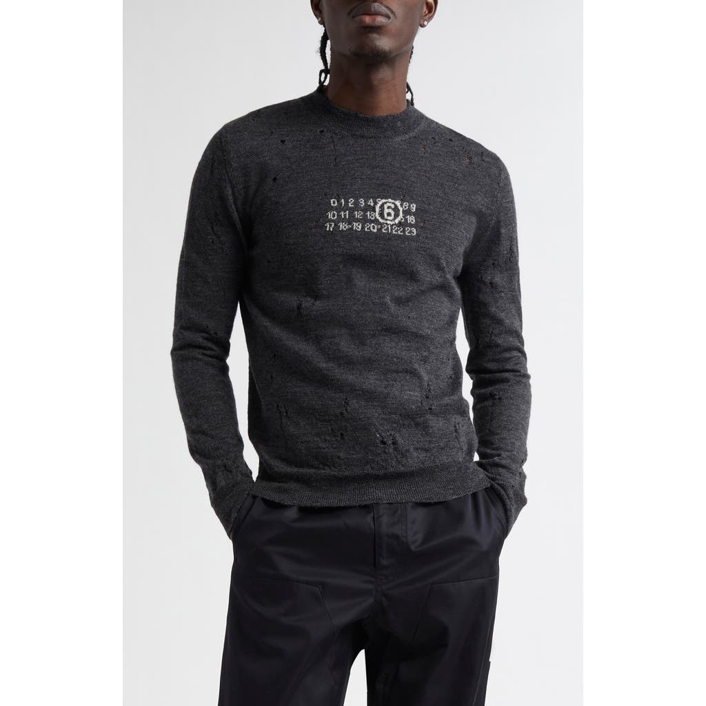MM6 Maison Margiela Distressed Numeric Motif Virgin Wool Sweater in Dark Grey Melange  product