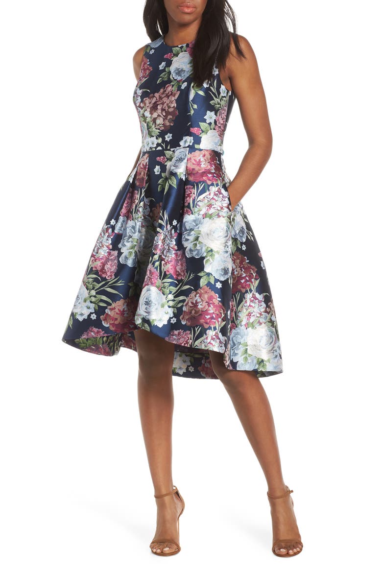 Floral Jacquard Fit & Flare Dress, Main, color, NAVY