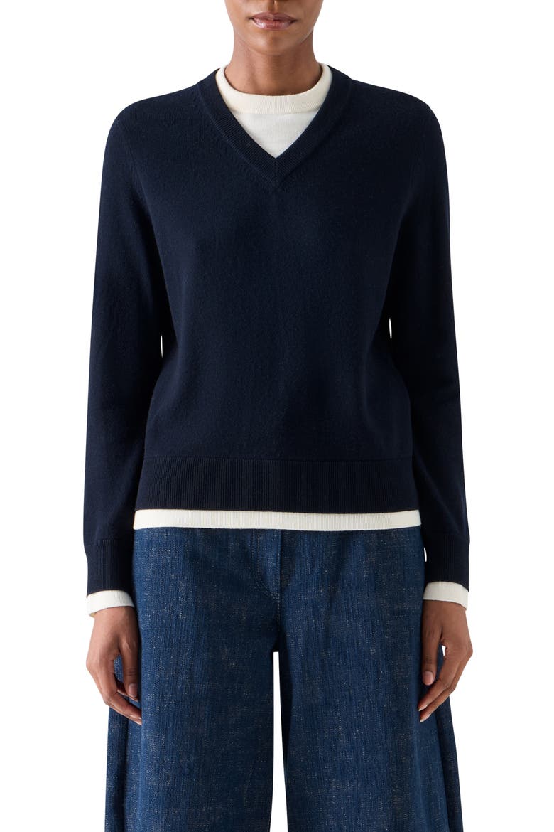 Layered Look Virgin Wool & Cashmere Sweater, Main, color, NAVY-CREAM
