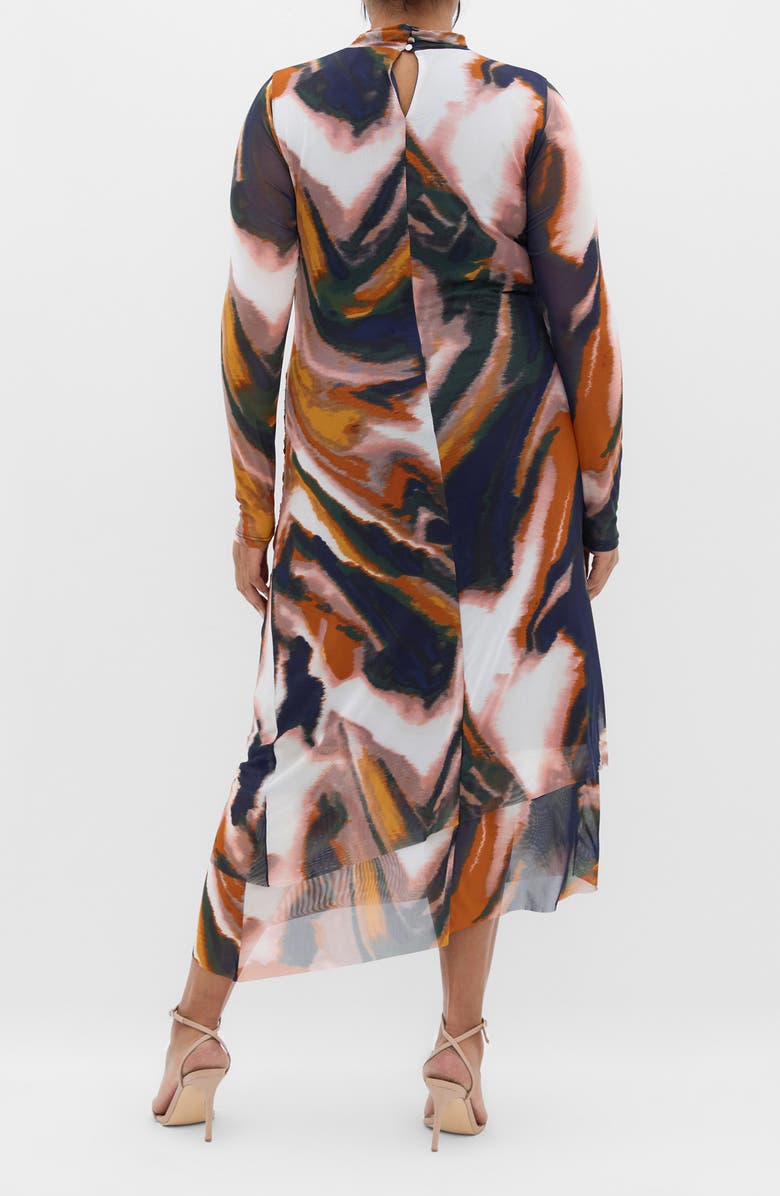 City Chic Zia Print Long Sleeve Ruched Mesh Dress, Alternate, color, Glaze