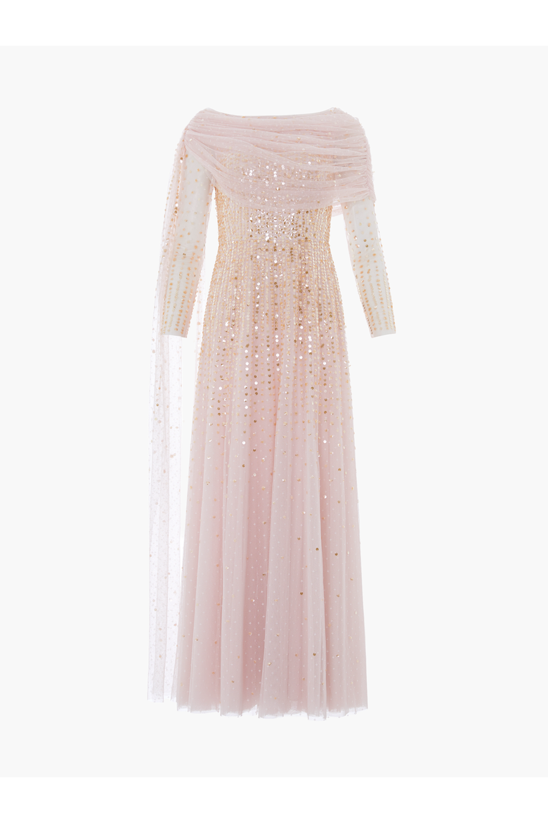 Moonlight Sequin Draped Long Sleeve Gown, Alternate, color, Shell/Gold
