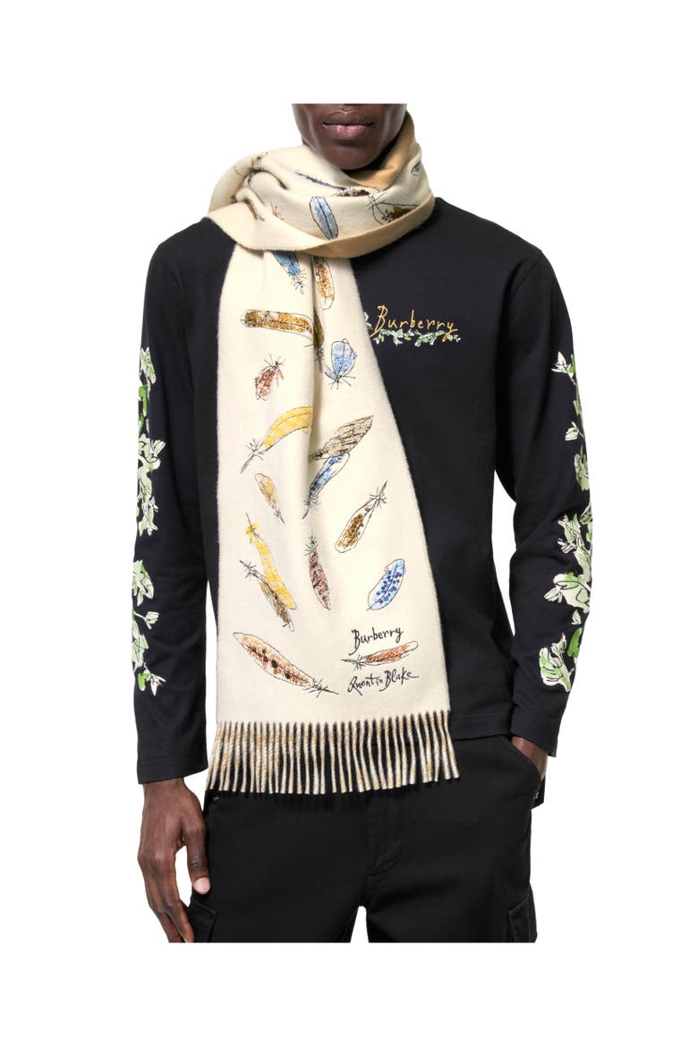 Feather Print Cashmere Scarf, Alternate, color, Sand beige