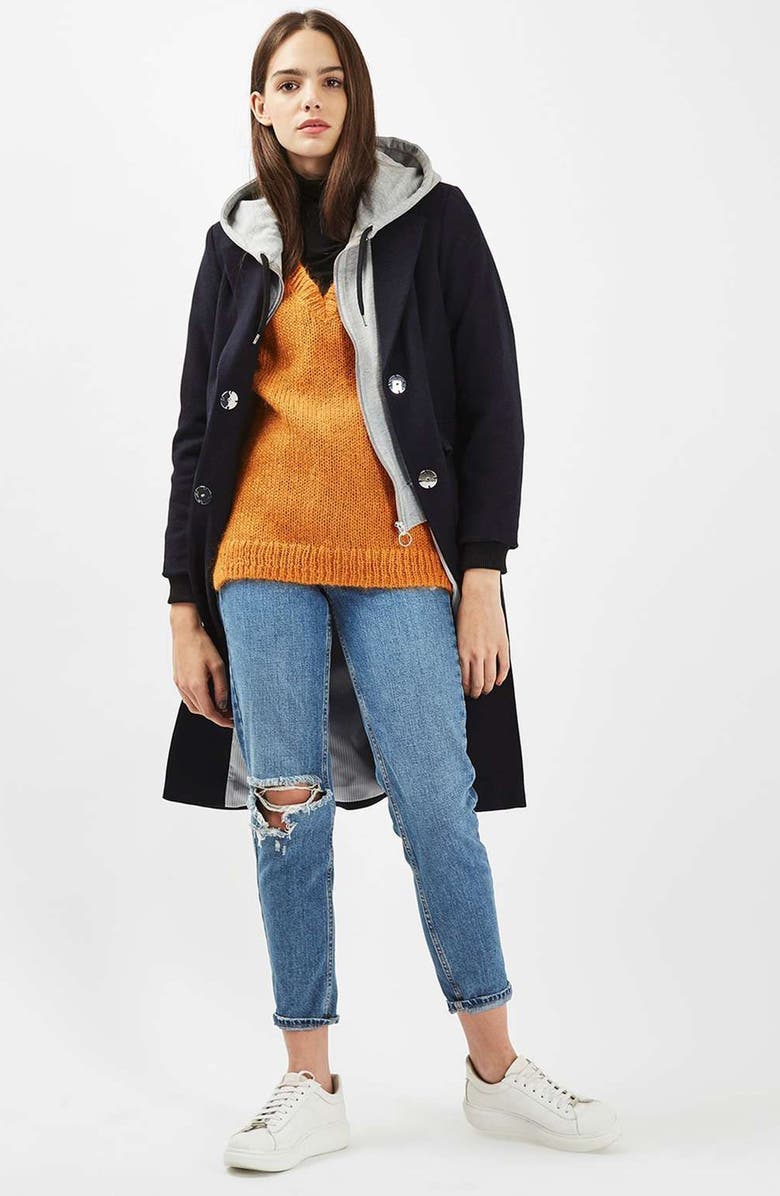 Topshop Hooded Layer Wool Blend Coat, Alternate, color, 