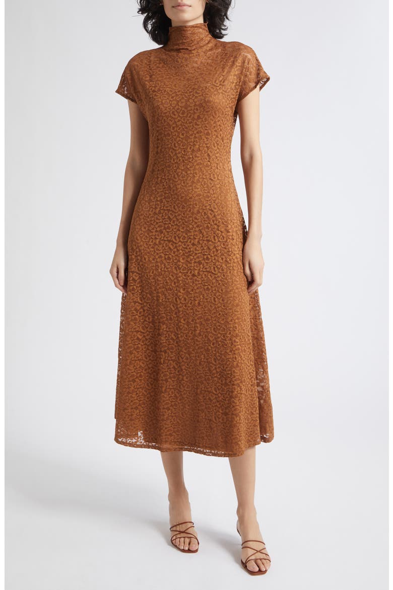 Tesoro Mock Neck Lace Midi Dress, Main, color, TOBACCO BROWN