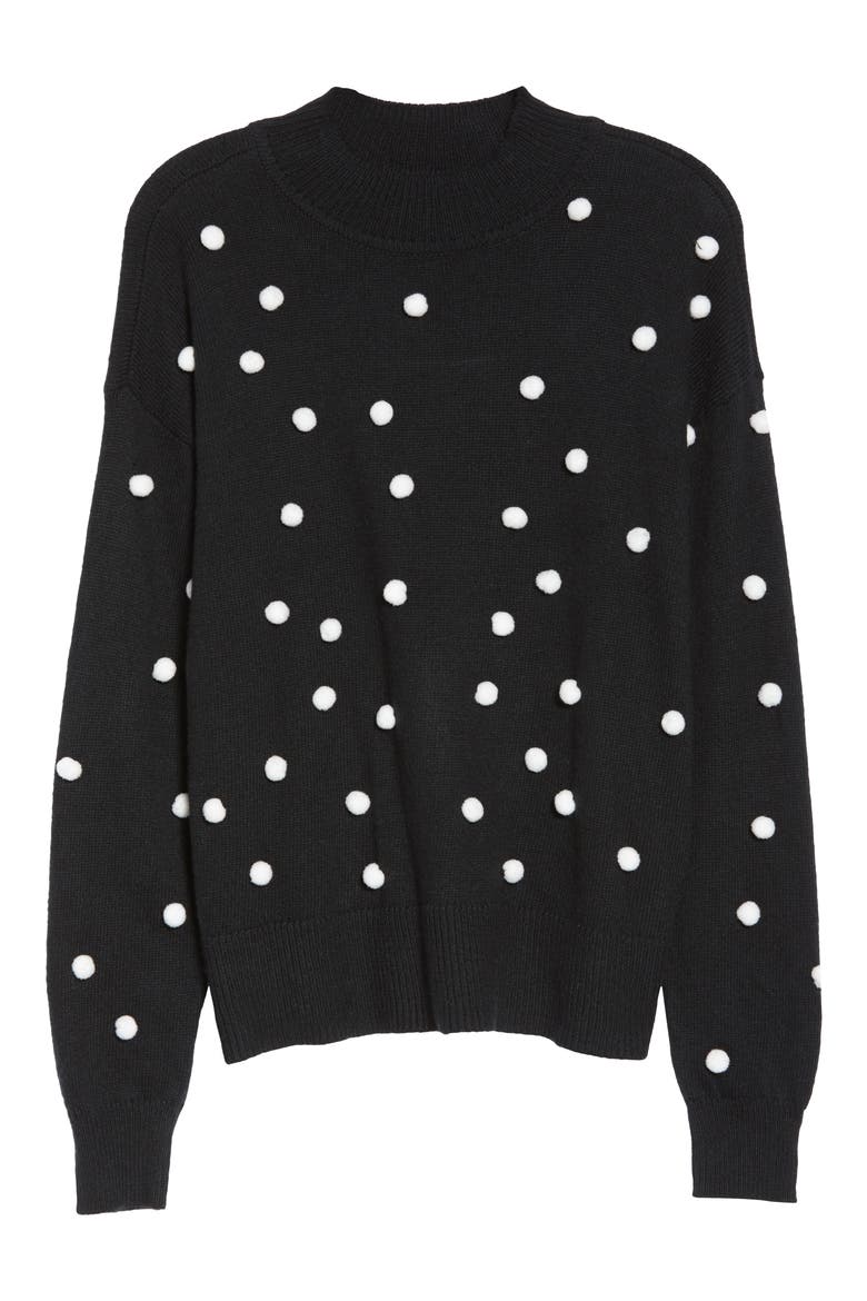 Pompom Mock Neck Sweater, Alternate, color, RICH BLACK