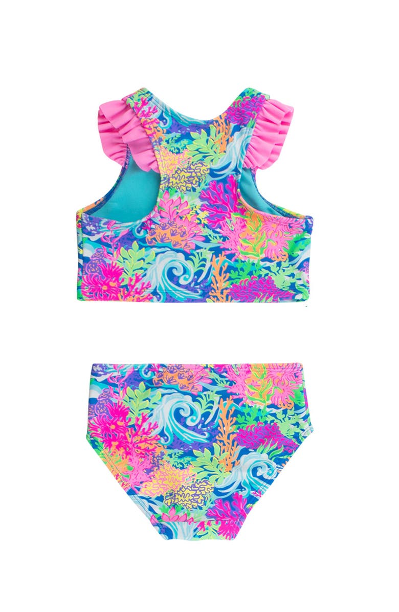 RuffleButts UPF50+ Sun Protected Racerback Flutter Tankini 2-Piece Swimsuit, Alternate, color, Neon Ocean Coral