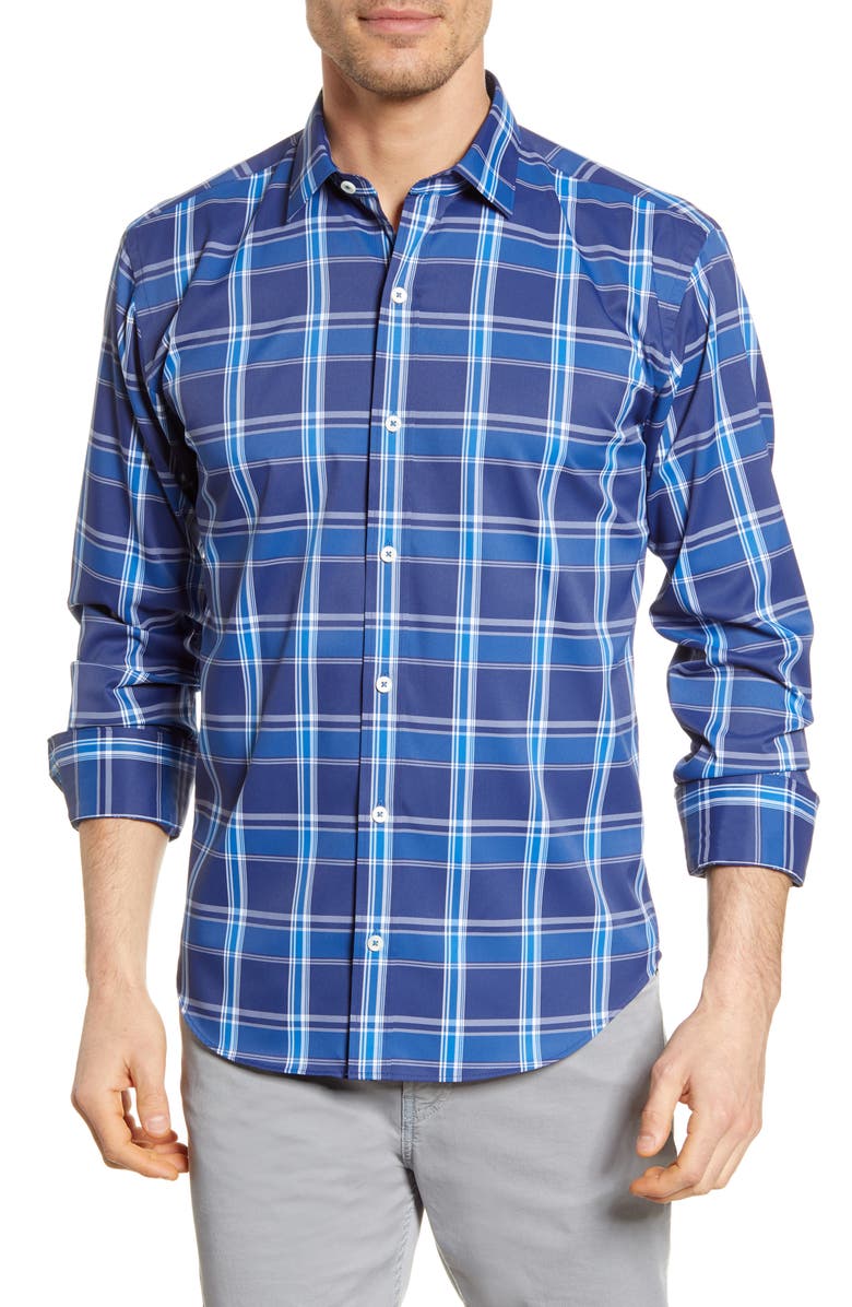 Bugatchi Shaped Fit Plaid Button-Up Performance Shirt, Main, color,