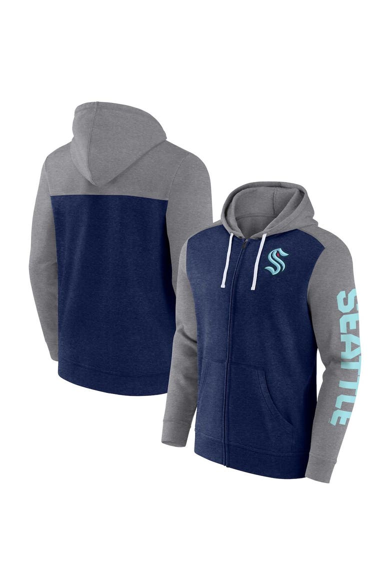 Men's Fanatics Branded Heather Deep Sea Blue Seattle Kraken Down and Distance Full-Zip Hoodie, Main, color, Navy