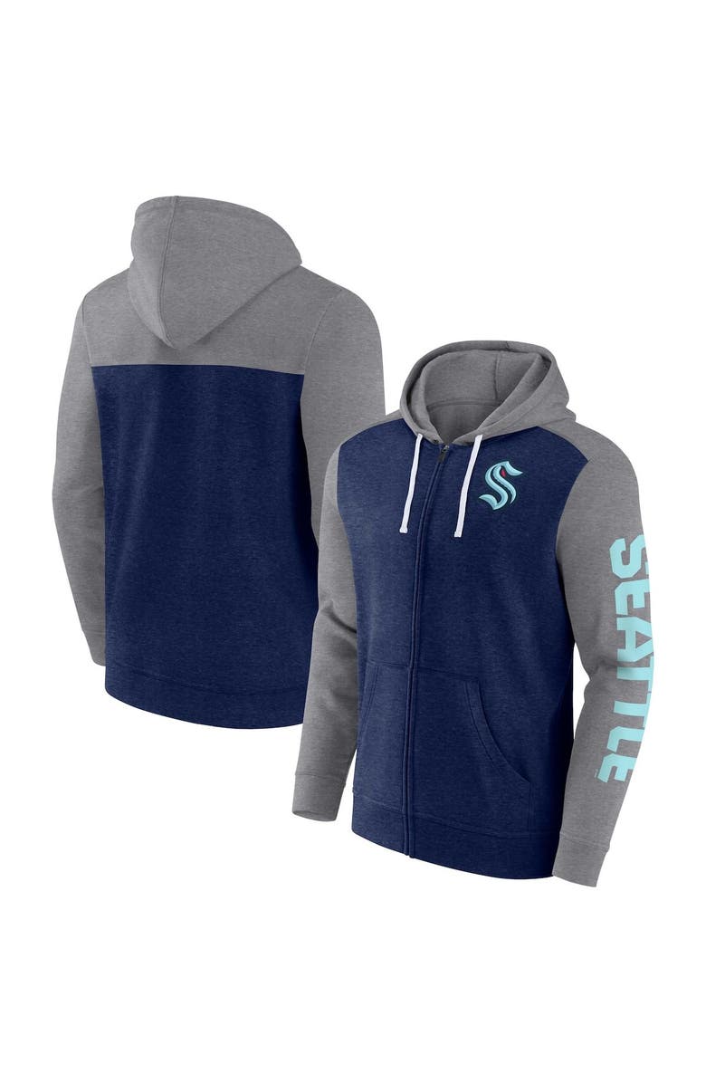 FANATICS Men's Fanatics Branded Heather Deep Sea Blue Seattle Kraken Down and Distance Full-Zip Hoodie, Main, color, Navy