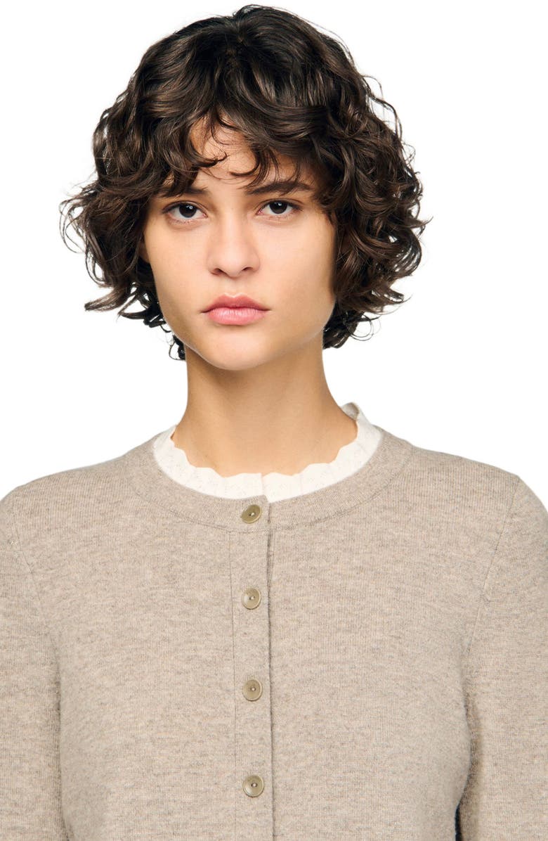 SANDRO Cardigan with contrast collar, Alternate, color, Caramel