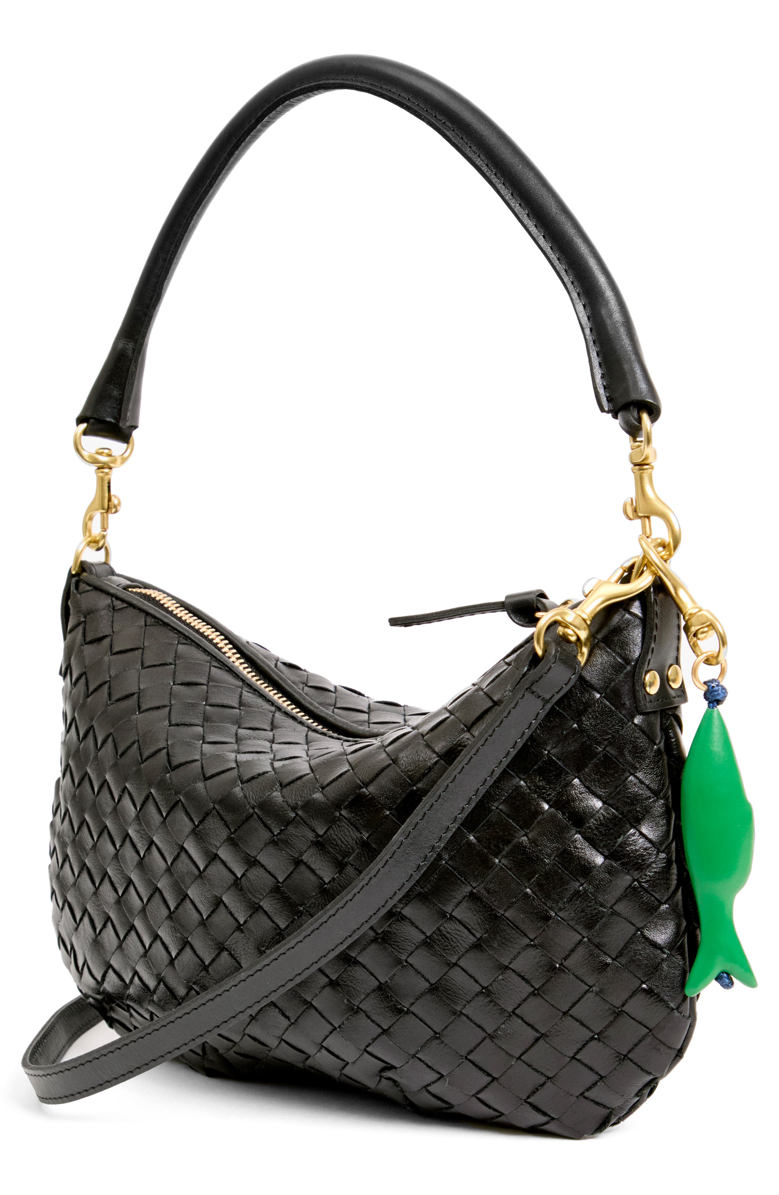 Clare V. Medium Petit Moyen Woven Leather Messenger Bag, Alternate, color, Black