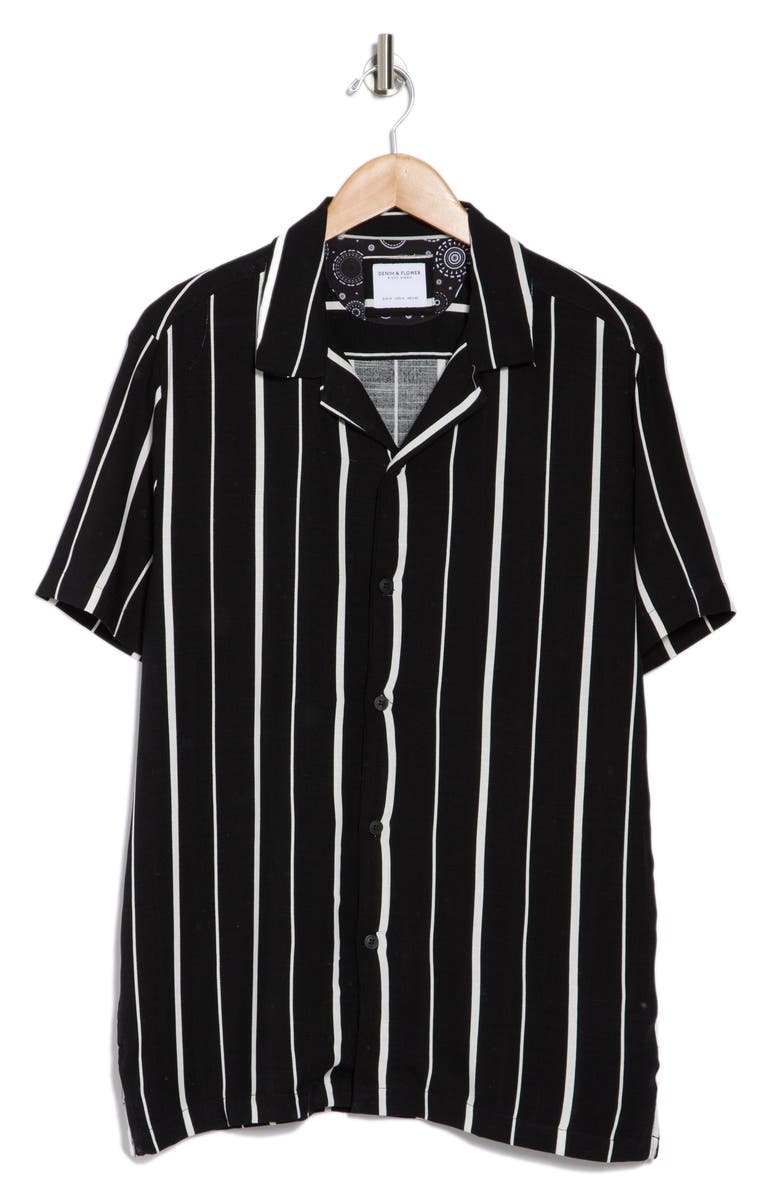 DENIM AND FLOWER Textured Stripe Short Sleeve Button-Up Shirt, Alternate, color, Black