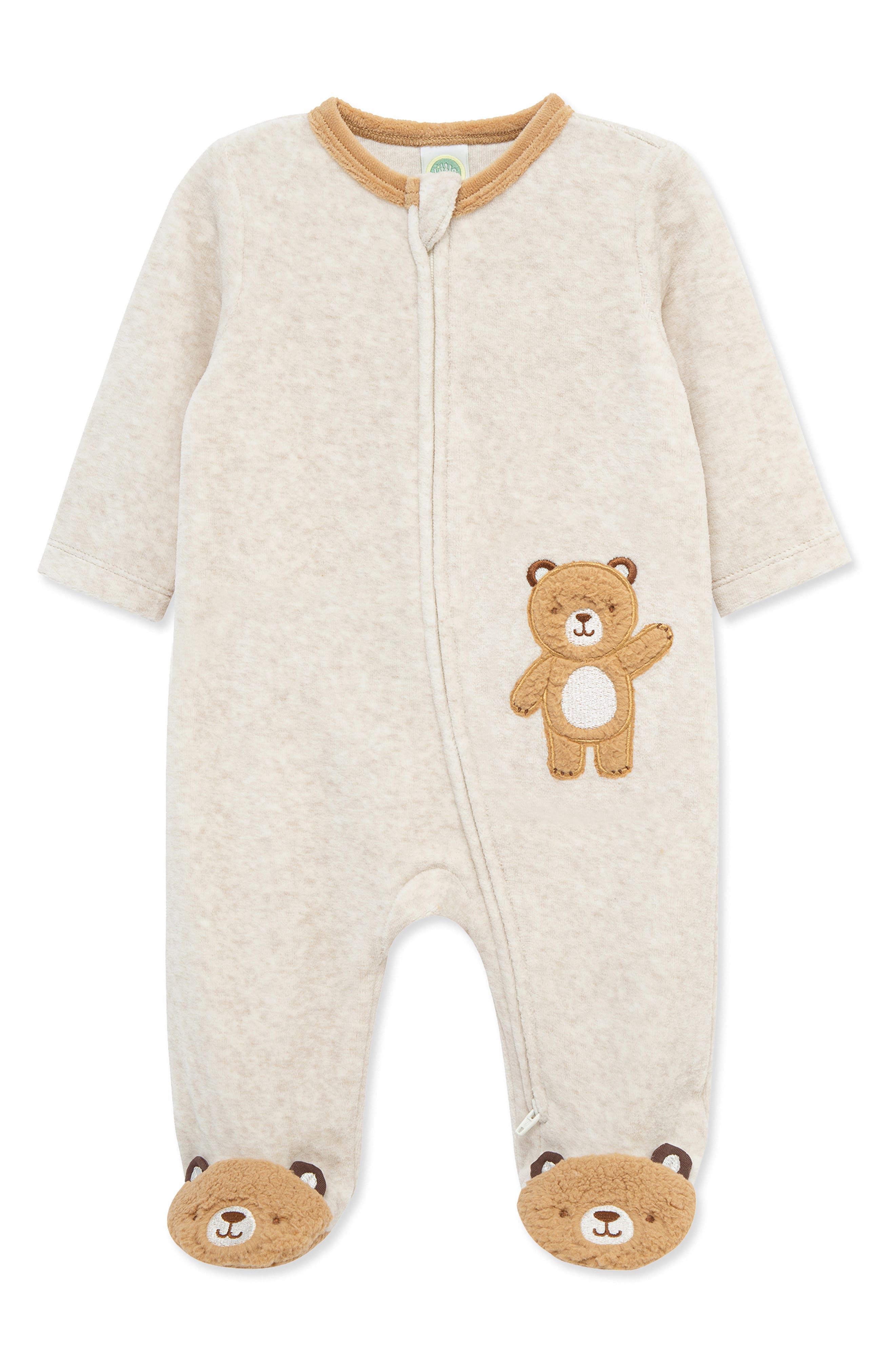 Little Me Fuzzy Bear Velour Zip Footie in Oatmeal 