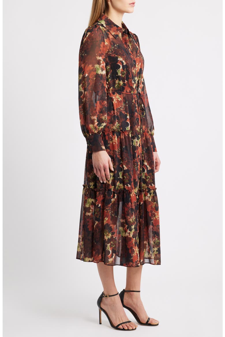 Floral Long Sleeve Tiered Chiffon Shirtdress, Alternate, color, BROWN MULTI
