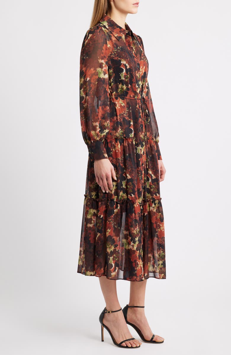 Julia Jordan Floral Long Sleeve Tiered Chiffon Shirtdress, Alternate, color, Brown Multi