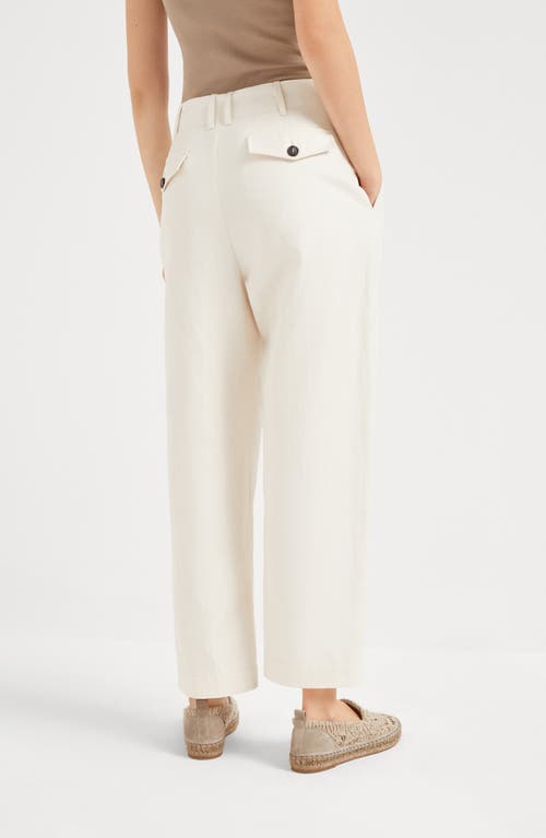 Brunello Cucinelli Pantaloni A Vita Alta Bianchi In Cotone Misto Lino In Panama