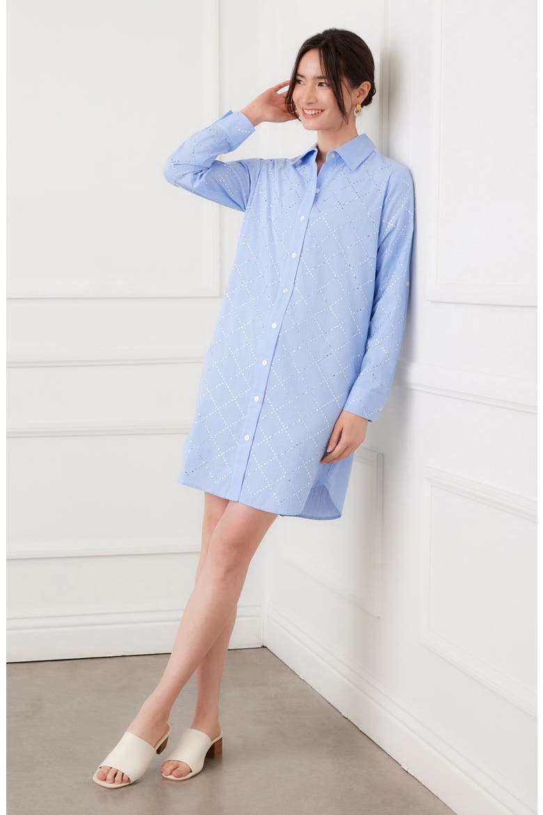 Embellished Long Sleeve Cotton Shirtdress, Alternate, color, BLUE