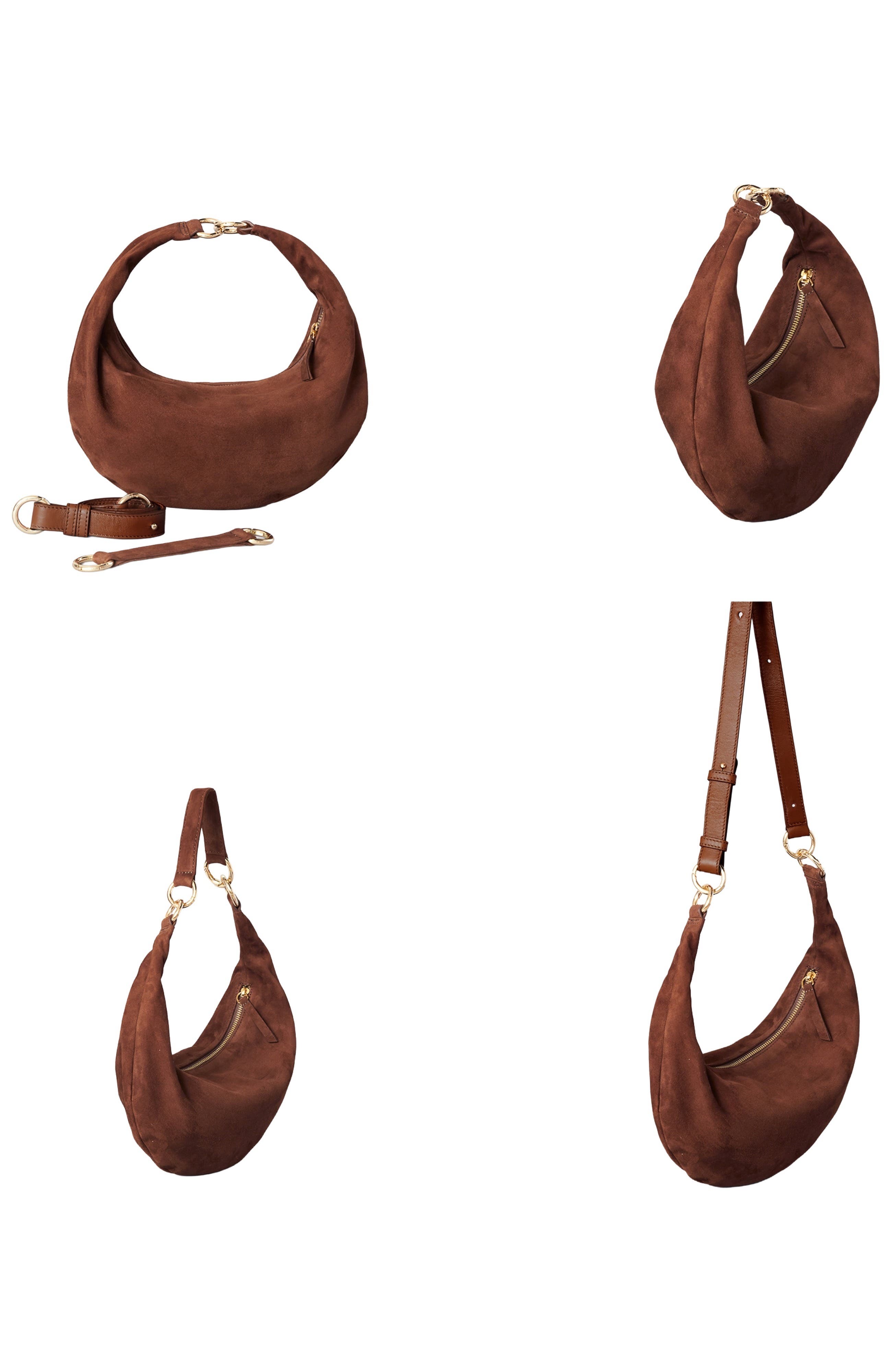 Small Leather Convertible Hobo Crescent Ring Bag, Alternate, color, Pralien Suede