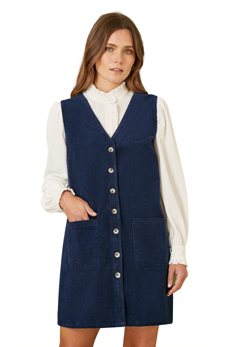V-Neck Cord Pinafore Dress, Alternate, color, Navy