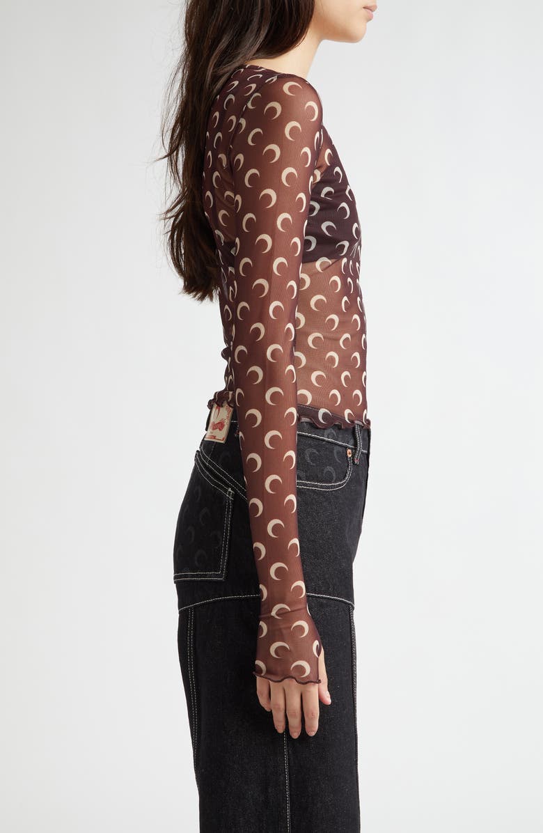 Marine Serre Second Skin Moon Print Long Sleeve Sheer Mesh Crop Top, Alternate, color,