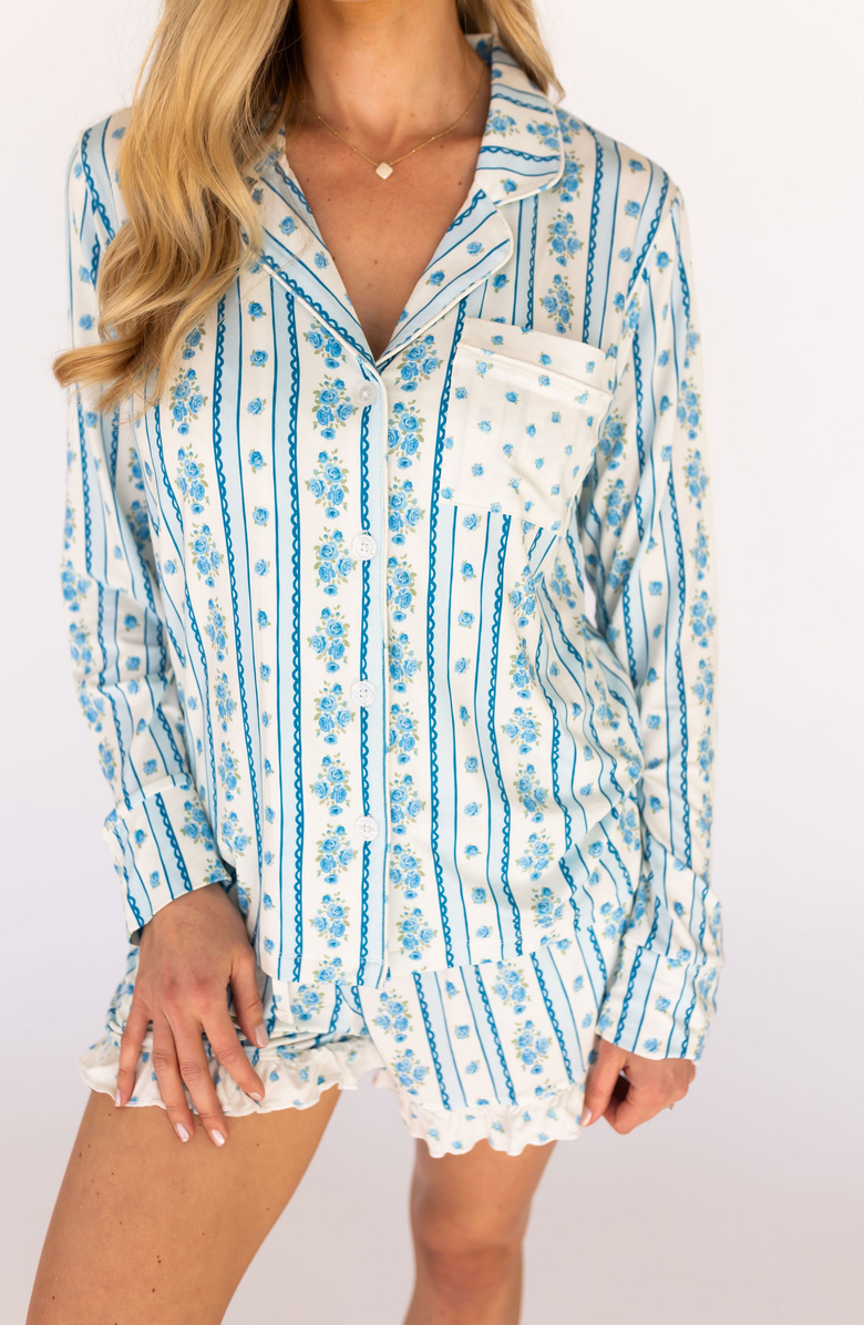 In My Jammers Forever Blooming Short Sleeve Short Set, Main, color, Cream / Blue Roses