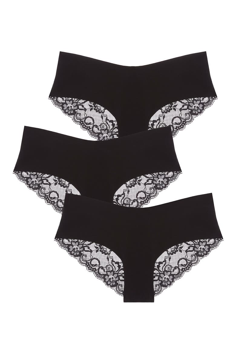 Estelle 3-Pack Cotton Jersey & Lace Hipster Briefs, Main, color, BLACK