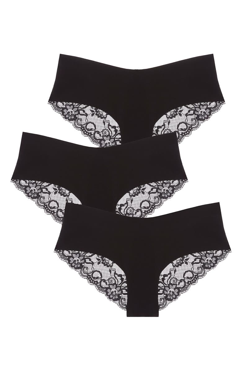 JOURNELLE Estelle 3-Pack Cotton Jersey & Lace Hipster Briefs, Main, color, Black