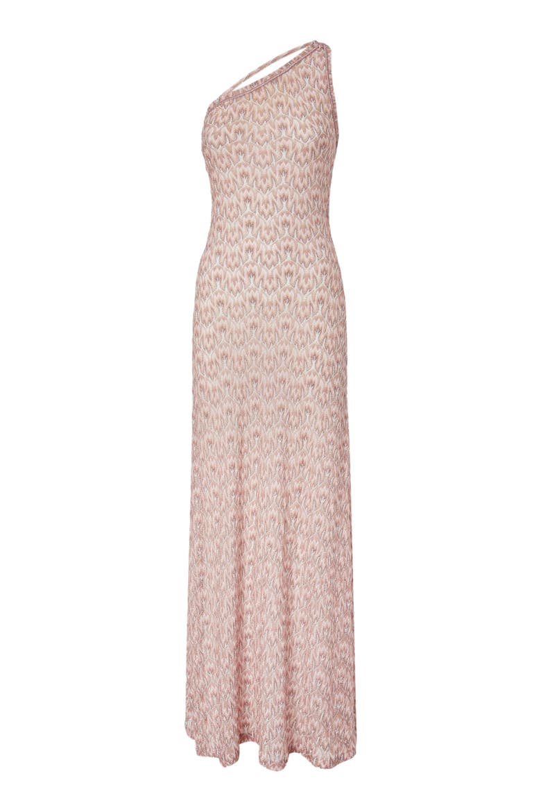 One-shoulder Dress In Lamé Viscose With Foliage Motif, Alternate, color, Multicoloured