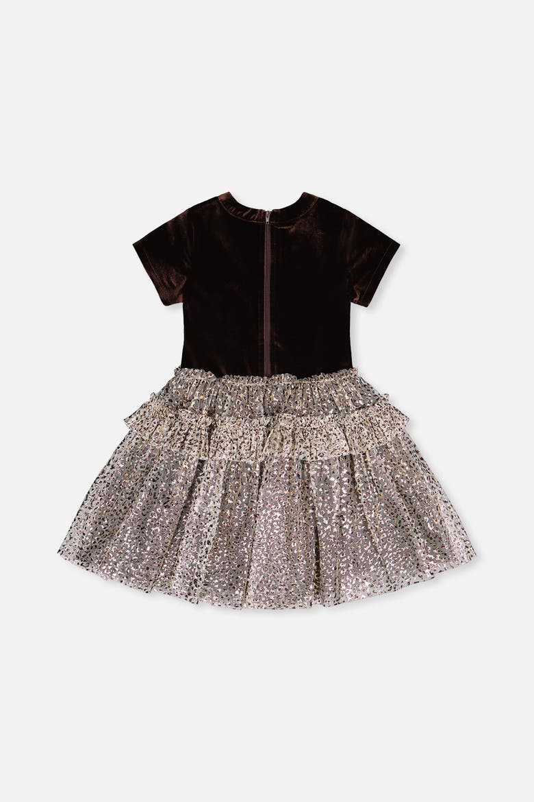 Bi-material Short Sleeve Metallic Mesh Dress (toddler, Little Kid & Big Kid), Alternate, color, Dark Brown