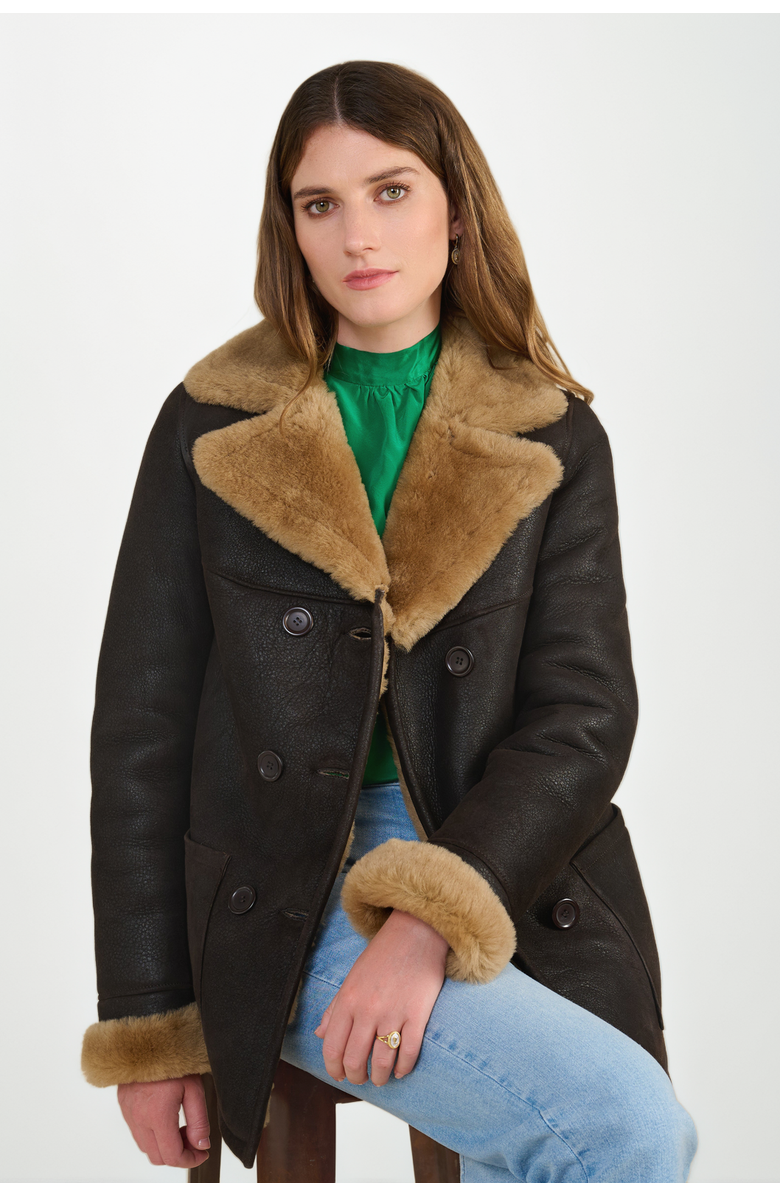 FURNIQ UK Chelsea Shearling Peacoat, Alternate, color, Brown
