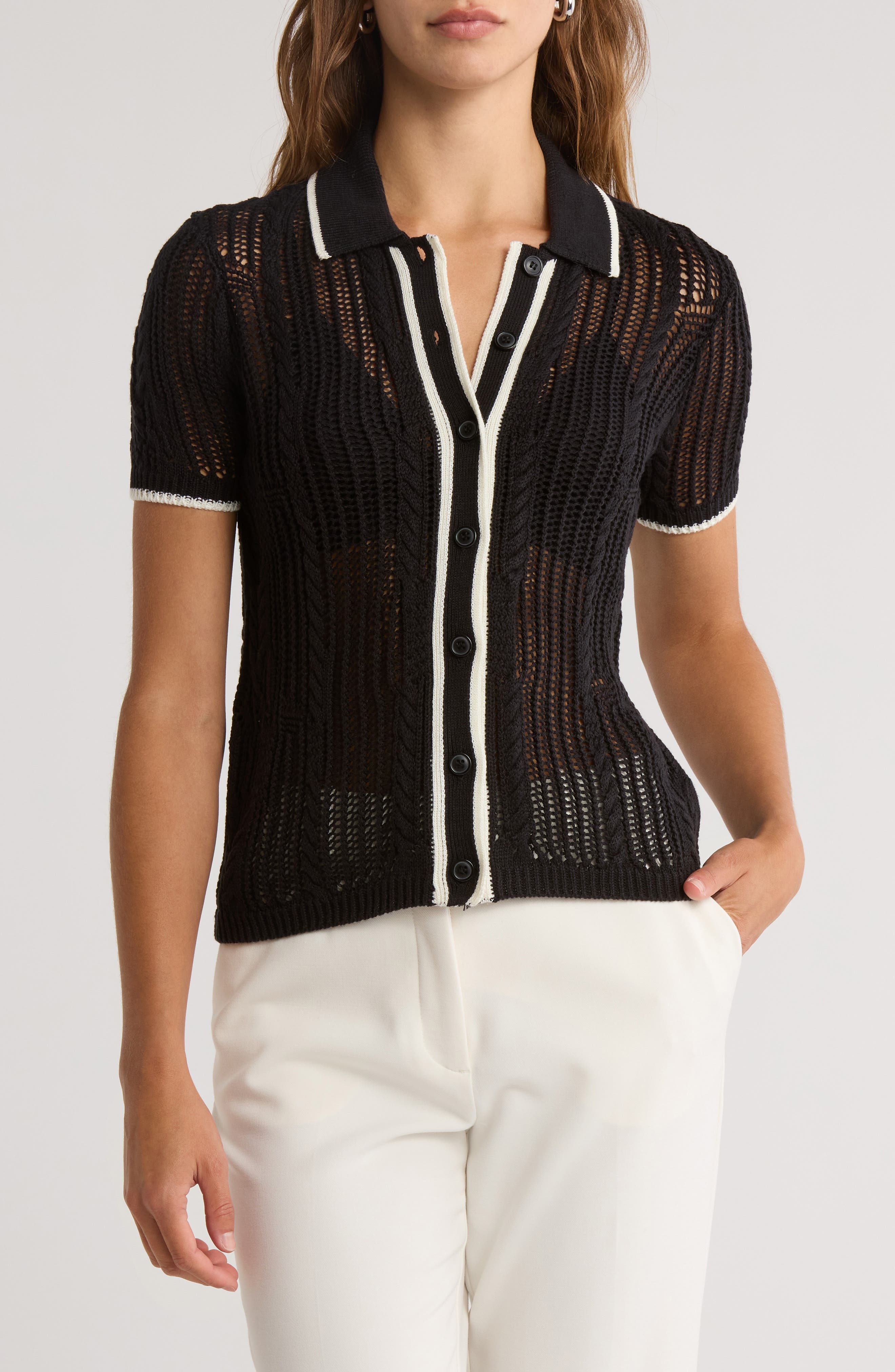 JASON WU Stripe Short Sleeve Open <br />knit <br />Stripe Short Sleeve Knit Button-Up Shirt
