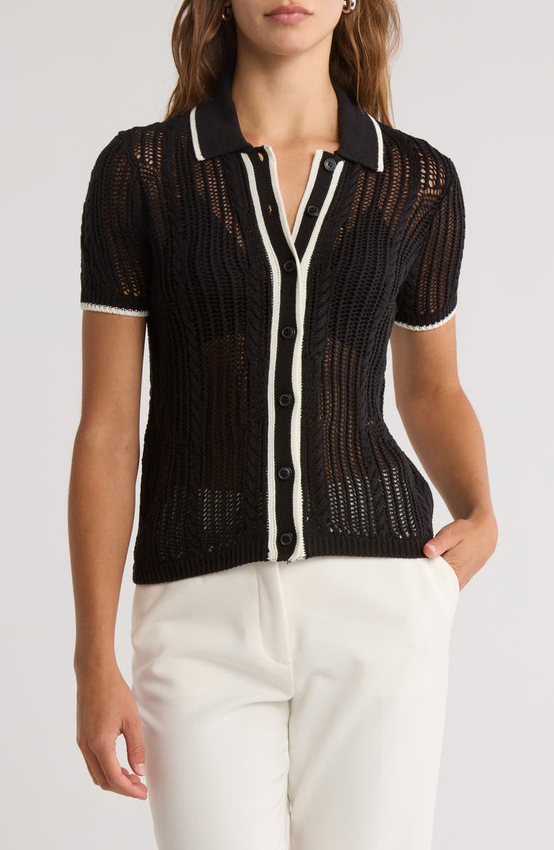 JASON WU Stripe Short Sleeve Open <br />knit <br />Stripe Short Sleeve Knit Button-Up Shirt, Main, color, Black/ Ivory