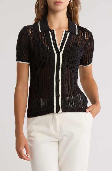 JASON WU Stripe Short Sleeve Open <br />knit <br />Stripe Short Sleeve Knit Button-Up Shirt