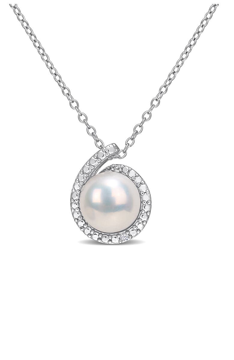 DELMAR Sterling Silver 8.5mm Cultured Freshwater Pearl & Diamond Pendant - 0.01 ctw, Main, color, White